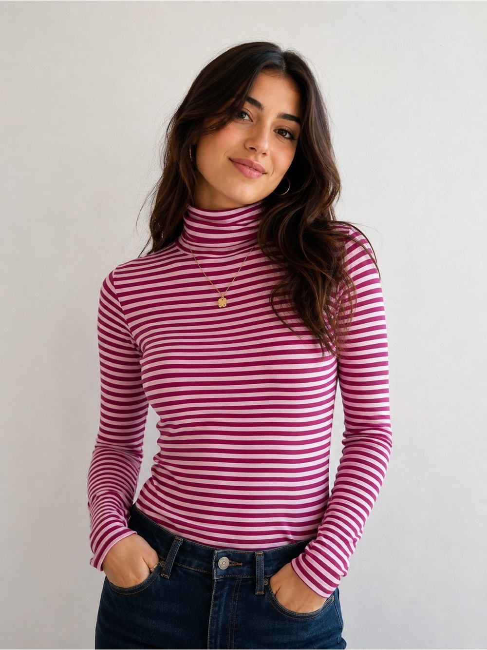 GAP Pink and White Striped Turtleneck Long Sleeve Tee